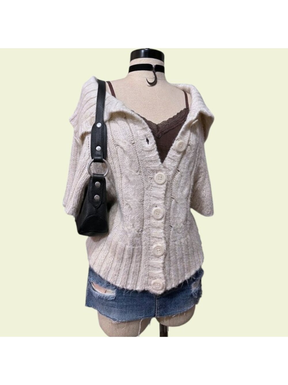 Vintage Cream Cable Knit Shawl Collar Cardigan Sweater Large Cottagecore Preppy